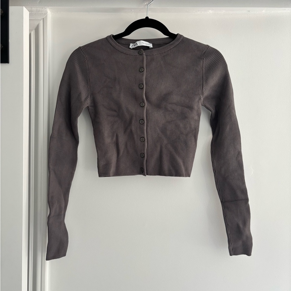 Zara Gray Ribbed Button-Up Cardigan